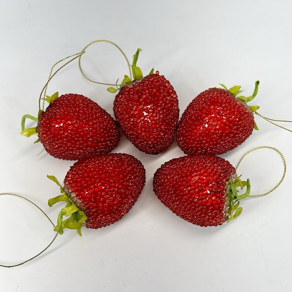 Beaded Strawberry Ornament Set 5 Faux Fruit Bowl Filler Strawberries Sparkly
